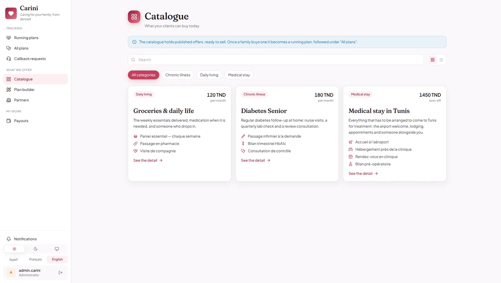 The catalogue of published offers: chronic illness, daily living and medical stay plans with monthly prices and what each covers.
