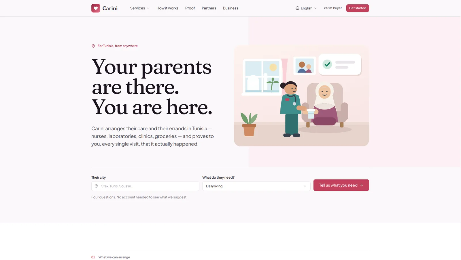 Carini's public landing page: the headline “Your parents are there. You are here.” beside an illustration of a nurse visiting an elderly woman at home.