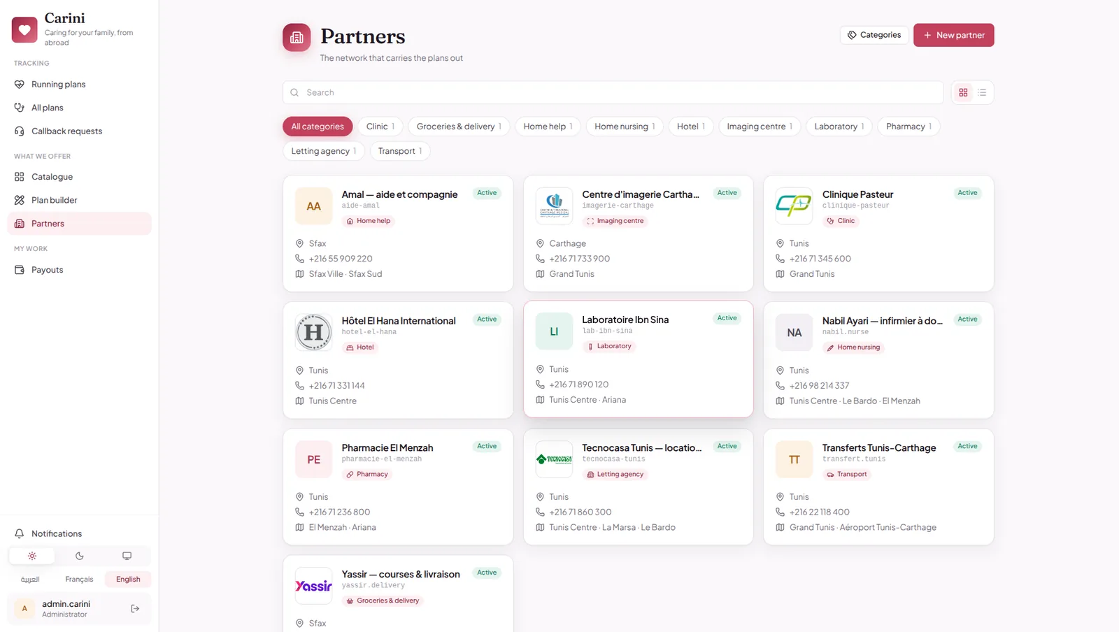 The partner directory: nurses, clinics, laboratories, pharmacies, hotels and transport companies with coverage areas and contact details.