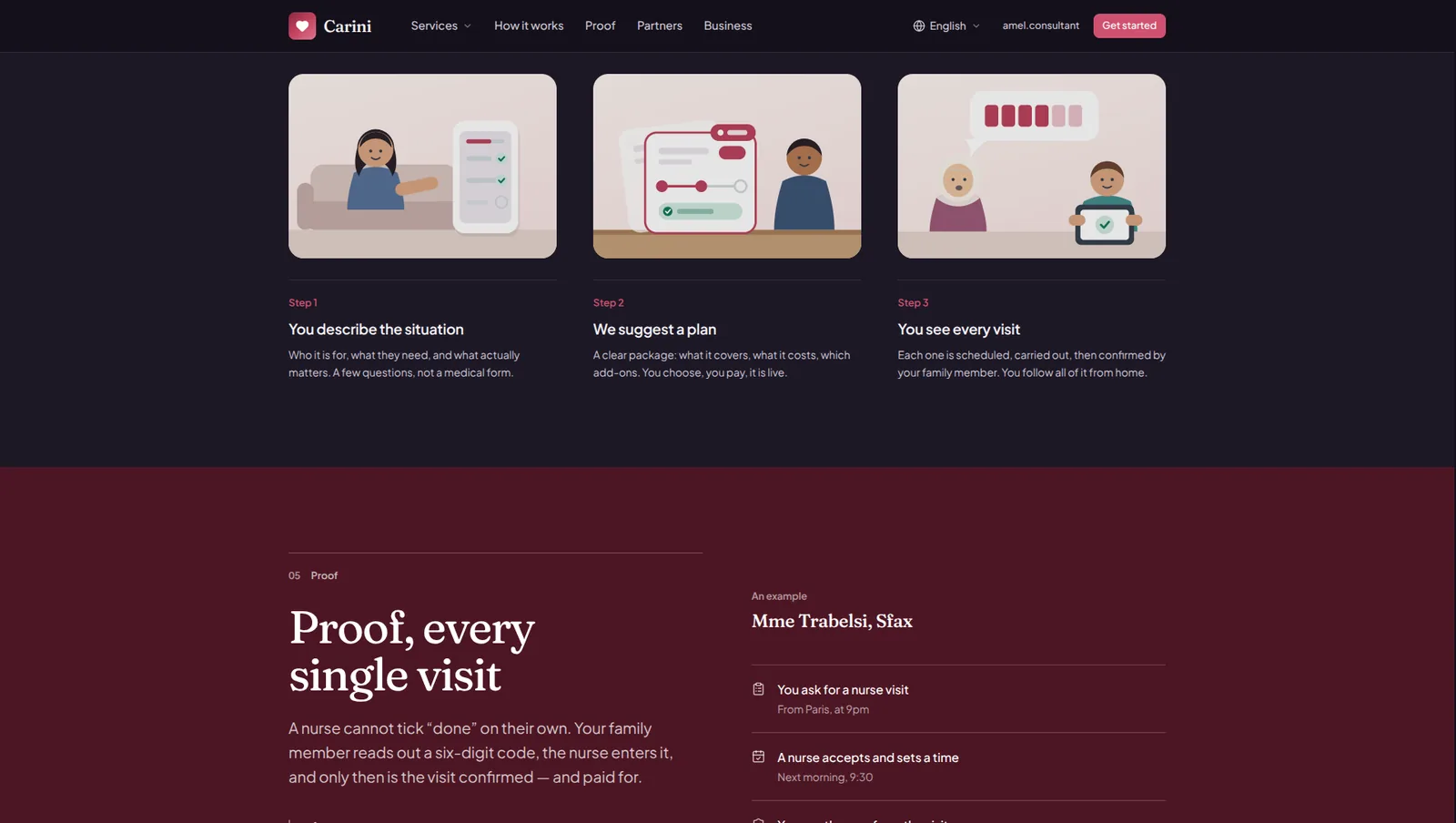 Carini's public pages explaining the three steps and the proof of each visit, on a dark background.
