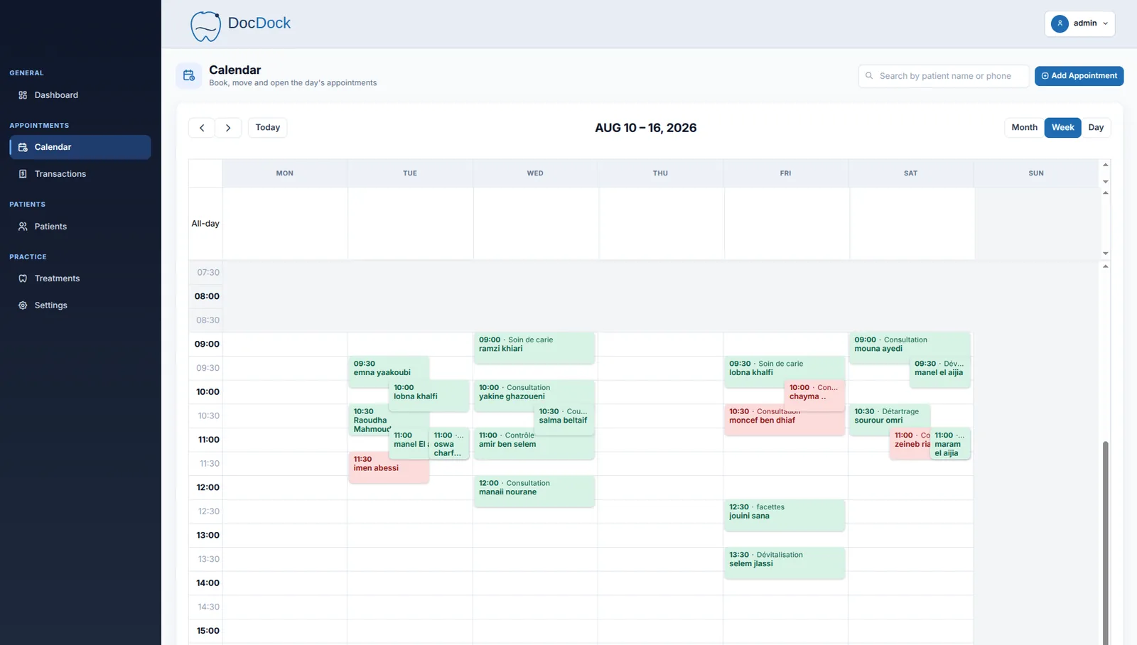 DocDock's week calendar: half-hour appointment slots across seven columns, colour-coded by status.