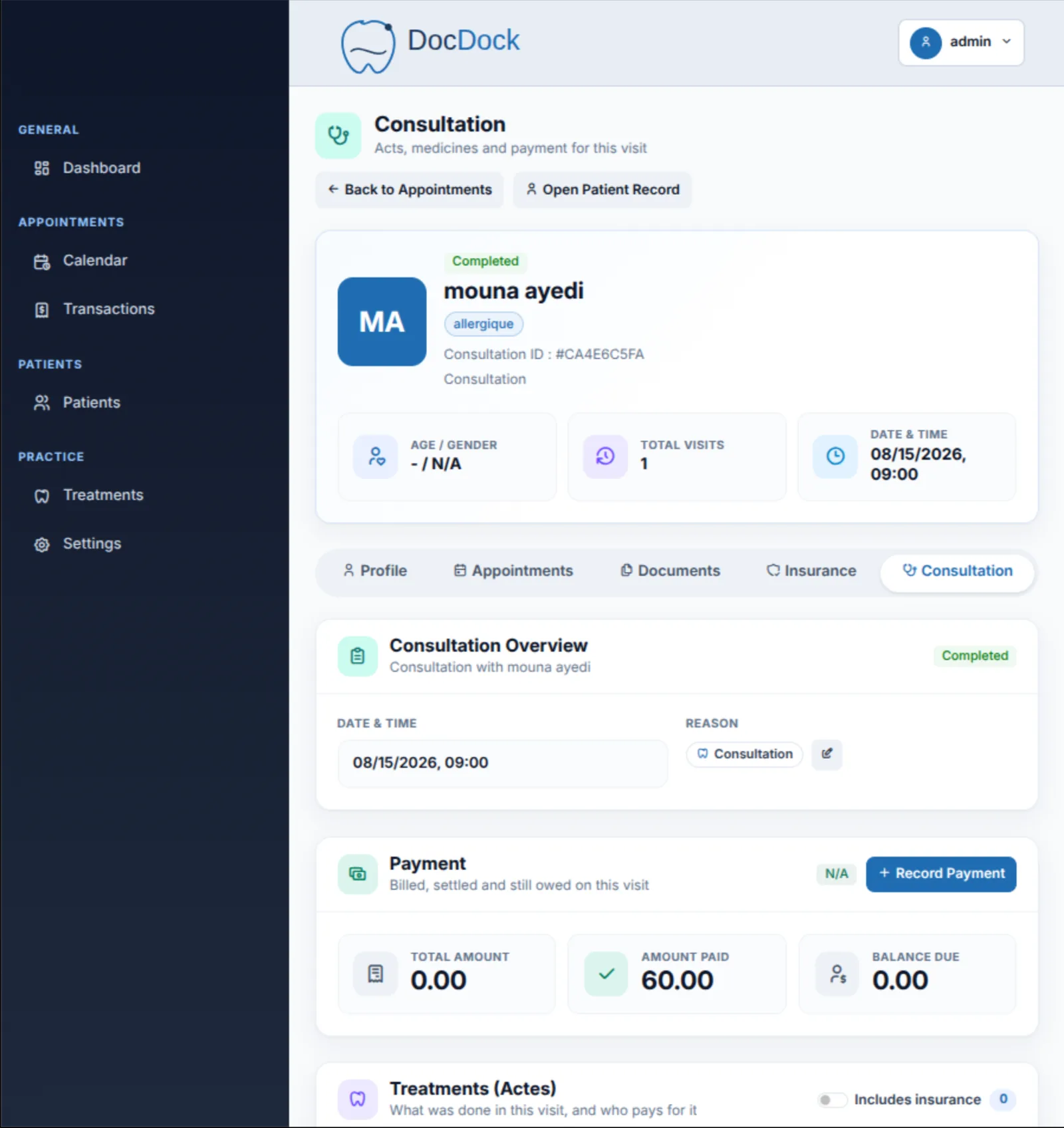 A consultation record: patient summary, visit reason, payment totals and the treatments carried out with who pays for each.