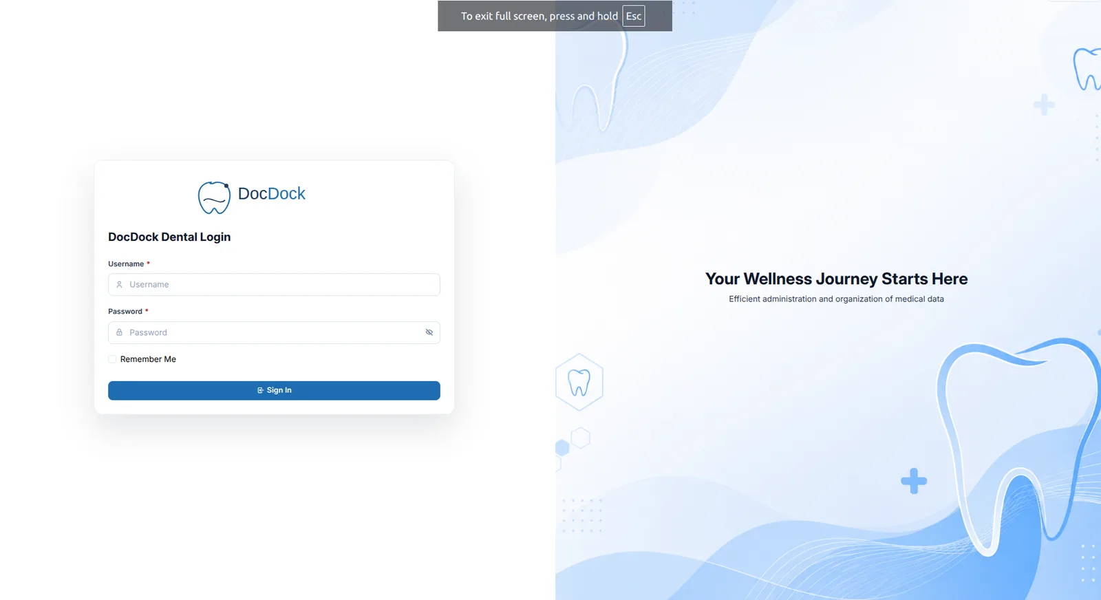DocDock's sign-in page: username and password on a light clinical background with the DocDock tooth mark.